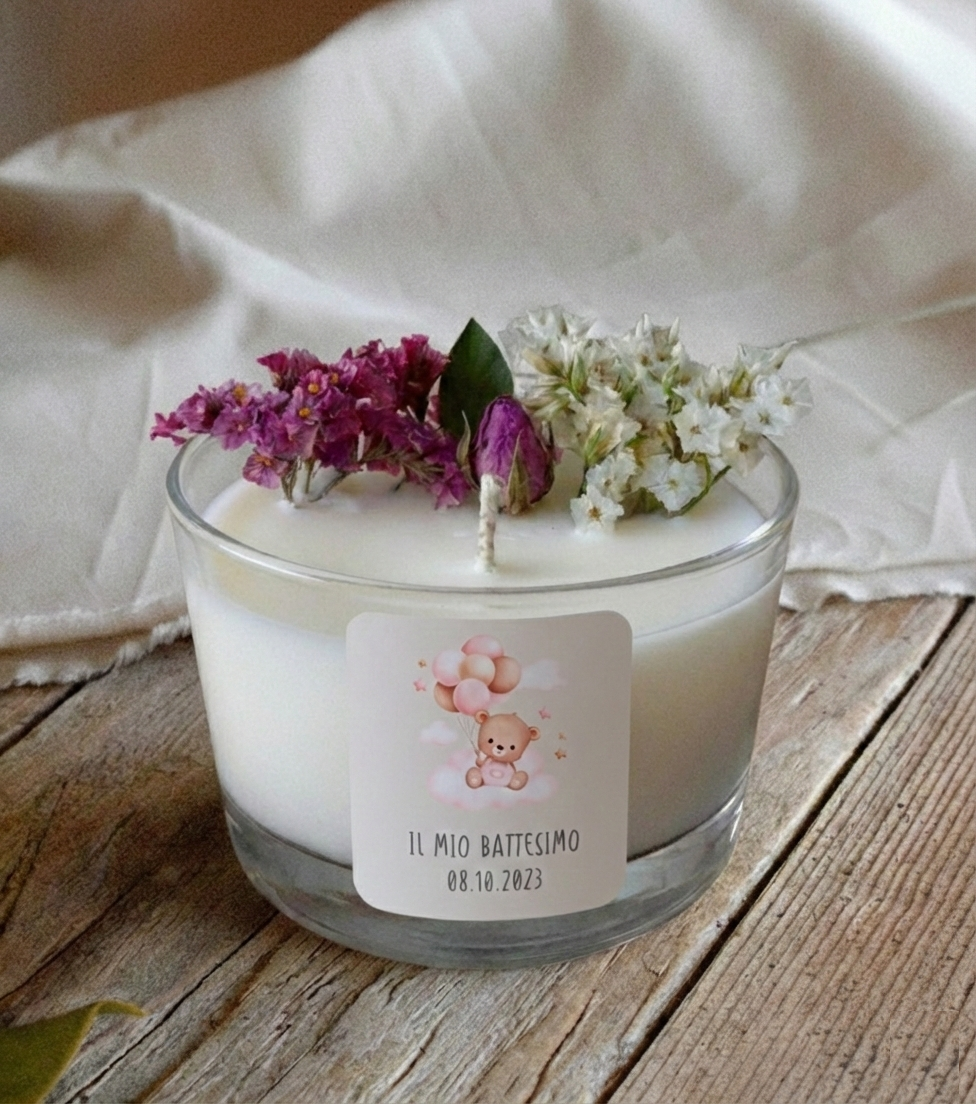Bomboniera candela artigianale in vetro con grafica orsetto rosa per battesimo bimba