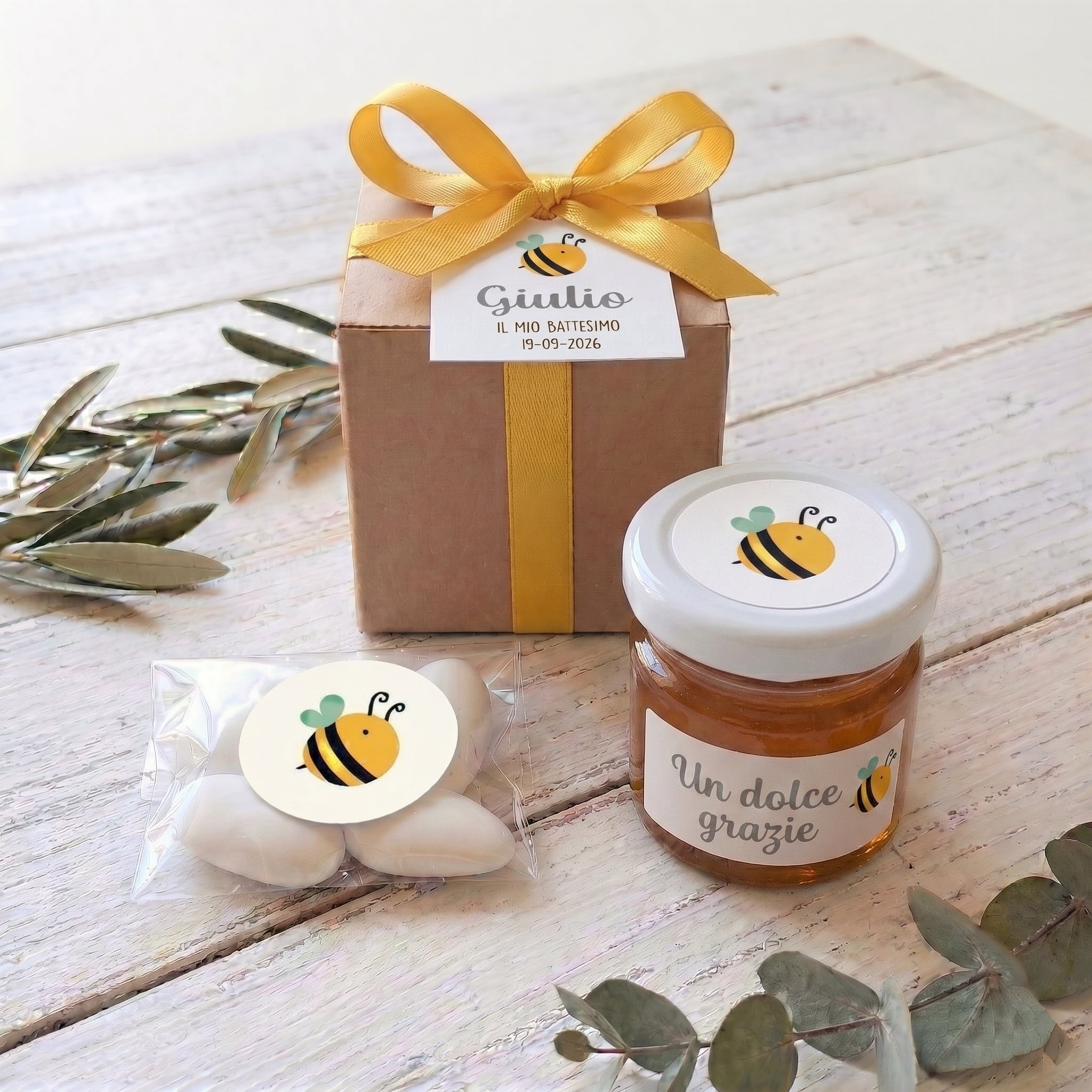 Bomboniera Miele 50 g Millefiori "Gocce di Natura" - Grafica "Ape"
