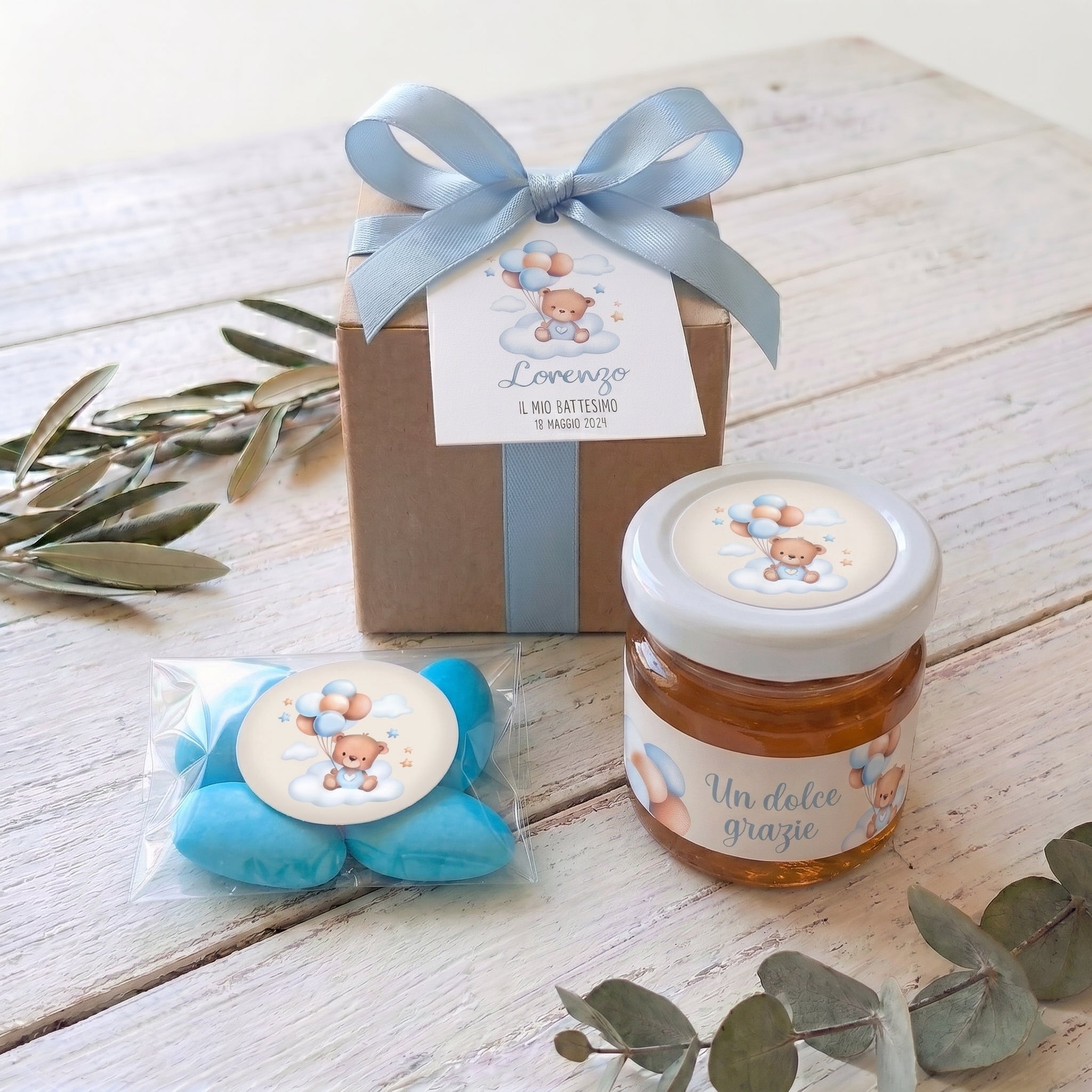 Bomboniera Miele 50 g Millefiori "Gocce di Natura" - Grafica "Orsetto Azzurro"