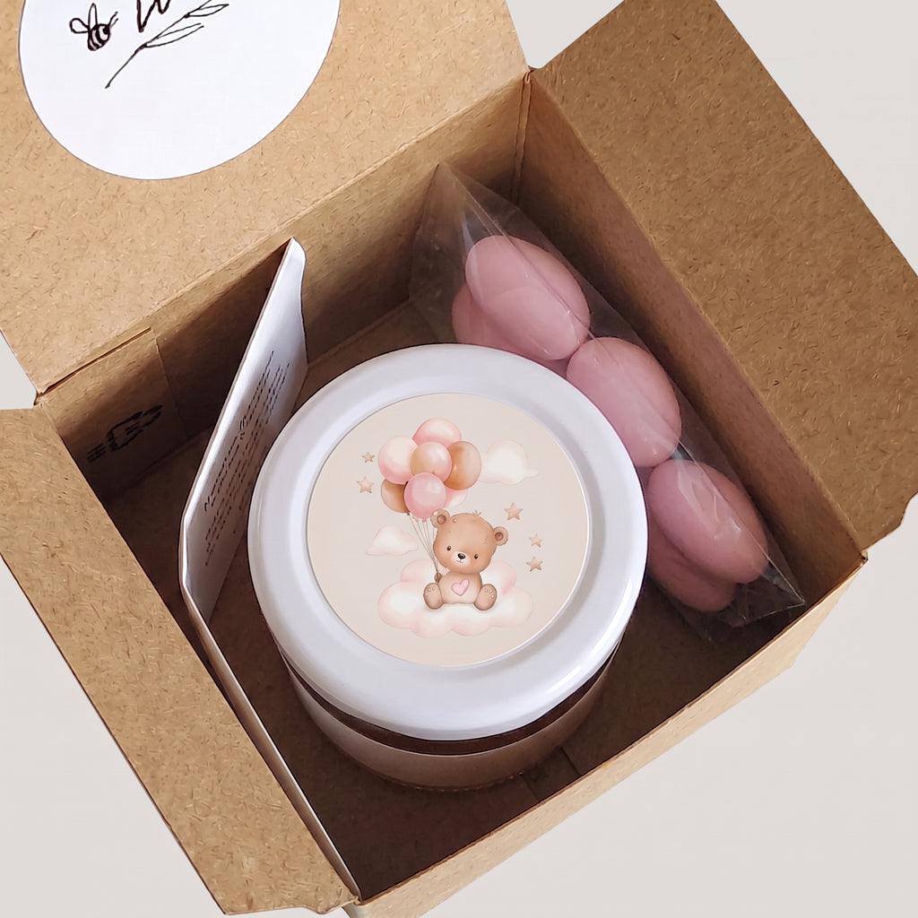 Bomboniera Miele 50 g Millefiori "Gocce di Natura" - Grafica "Orsetto Rosa"