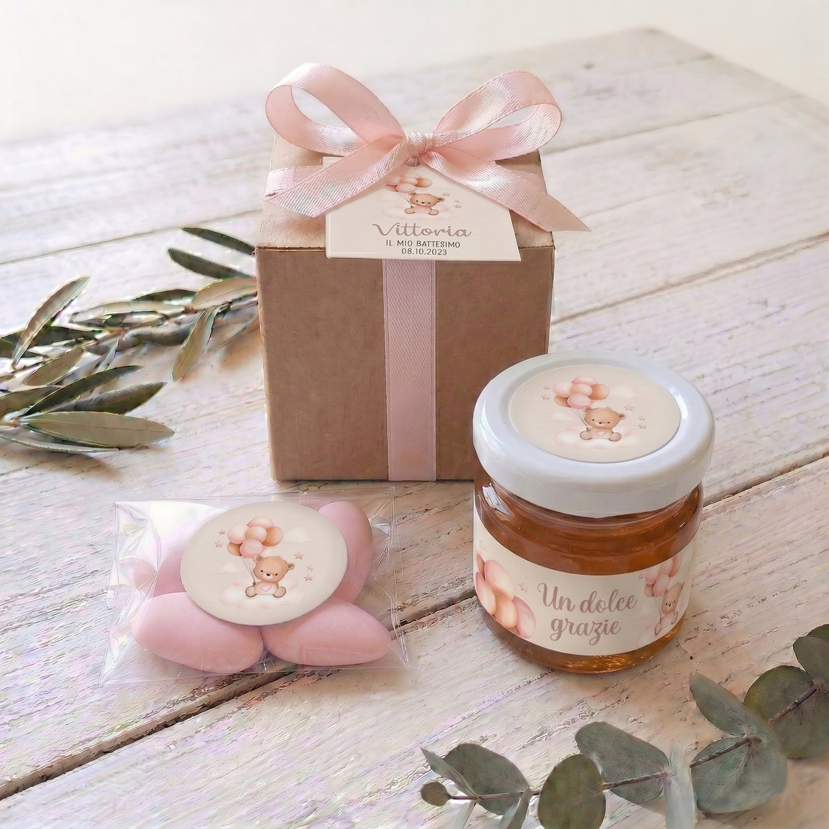 Bomboniera Miele 50 g Millefiori "Gocce di Natura" - Grafica "Orsetto Rosa"