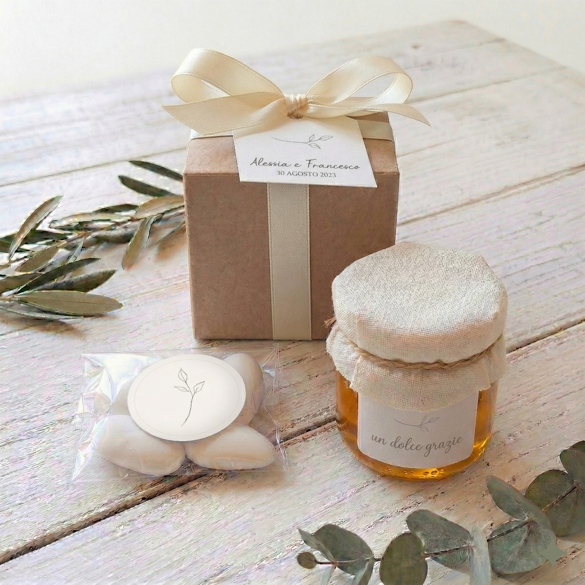 Bomboniera Miele 130 g Millefiori "Gocce di Natura" - Grafica "Ramo"