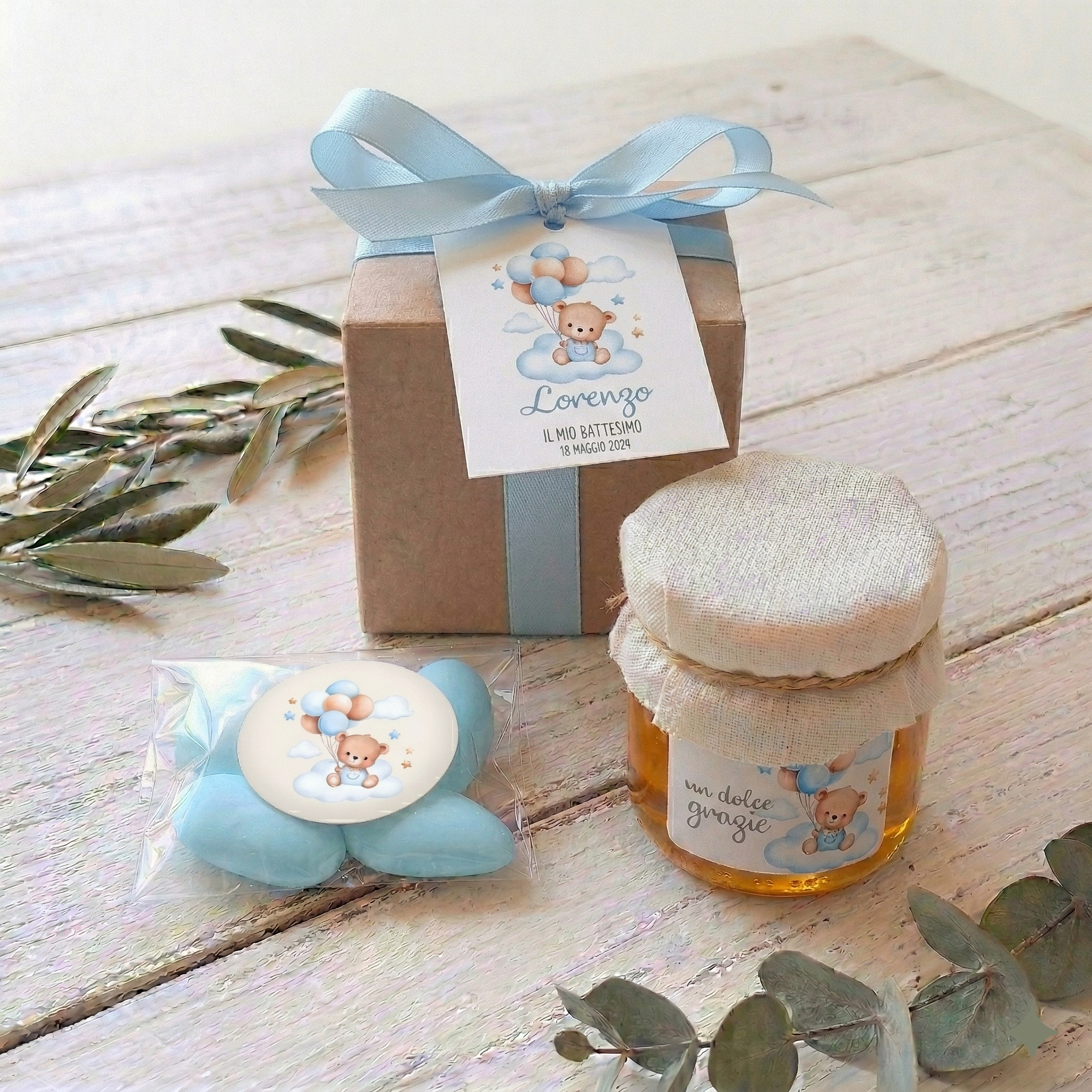 Bomboniera Miele 130 g Millefiori "Gocce di Natura" - Grafica "Orsetto Azzurro"