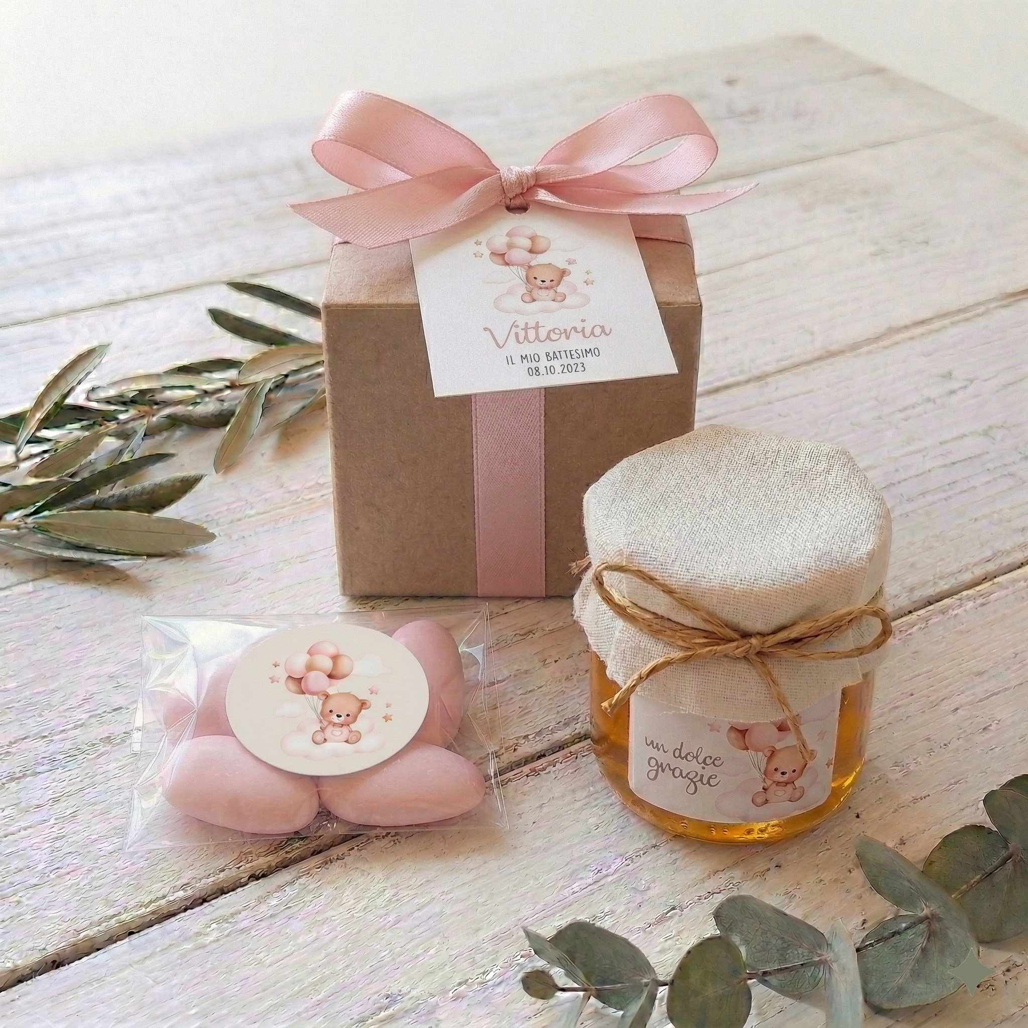 Bomboniera Miele 130 g Millefiori "Gocce di Natura" - Grafica "Orsetto Rosa"