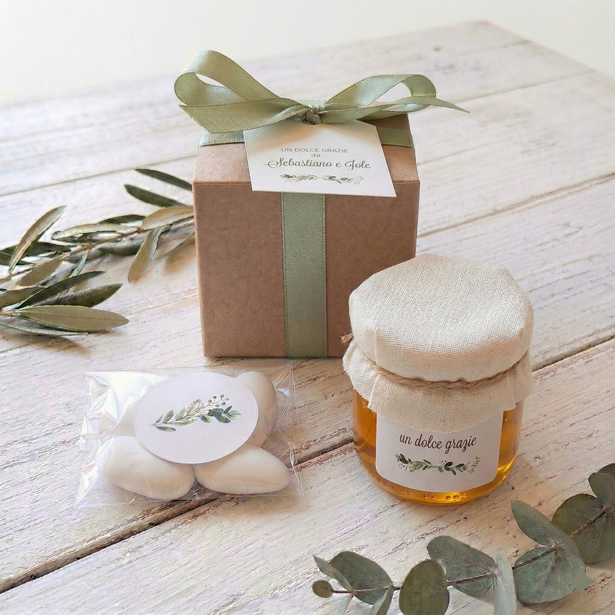 Bomboniera Miele 130 g Millefiori "Gocce di Natura" - Grafica "Rametto Verde"