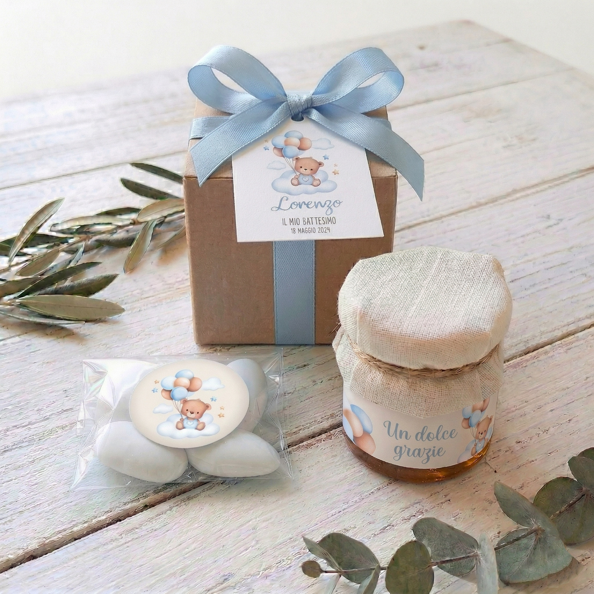 Bomboniera Miele 50 g Millefiori "Gocce di Natura" - Grafica "Orsetto Azzurro"