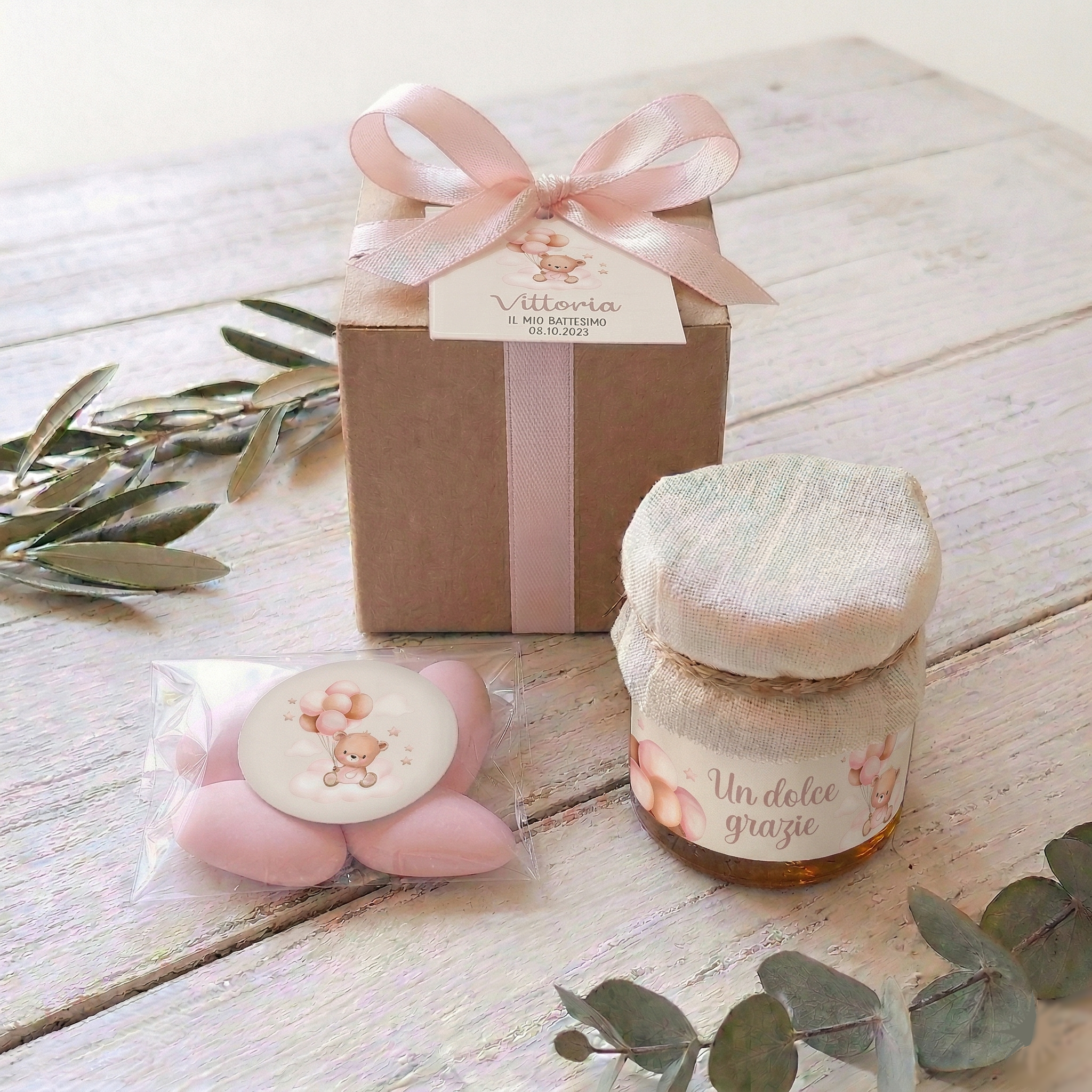 Bomboniera Miele 50 g Millefiori "Gocce di Natura" - Grafica "Orsetto Rosa"