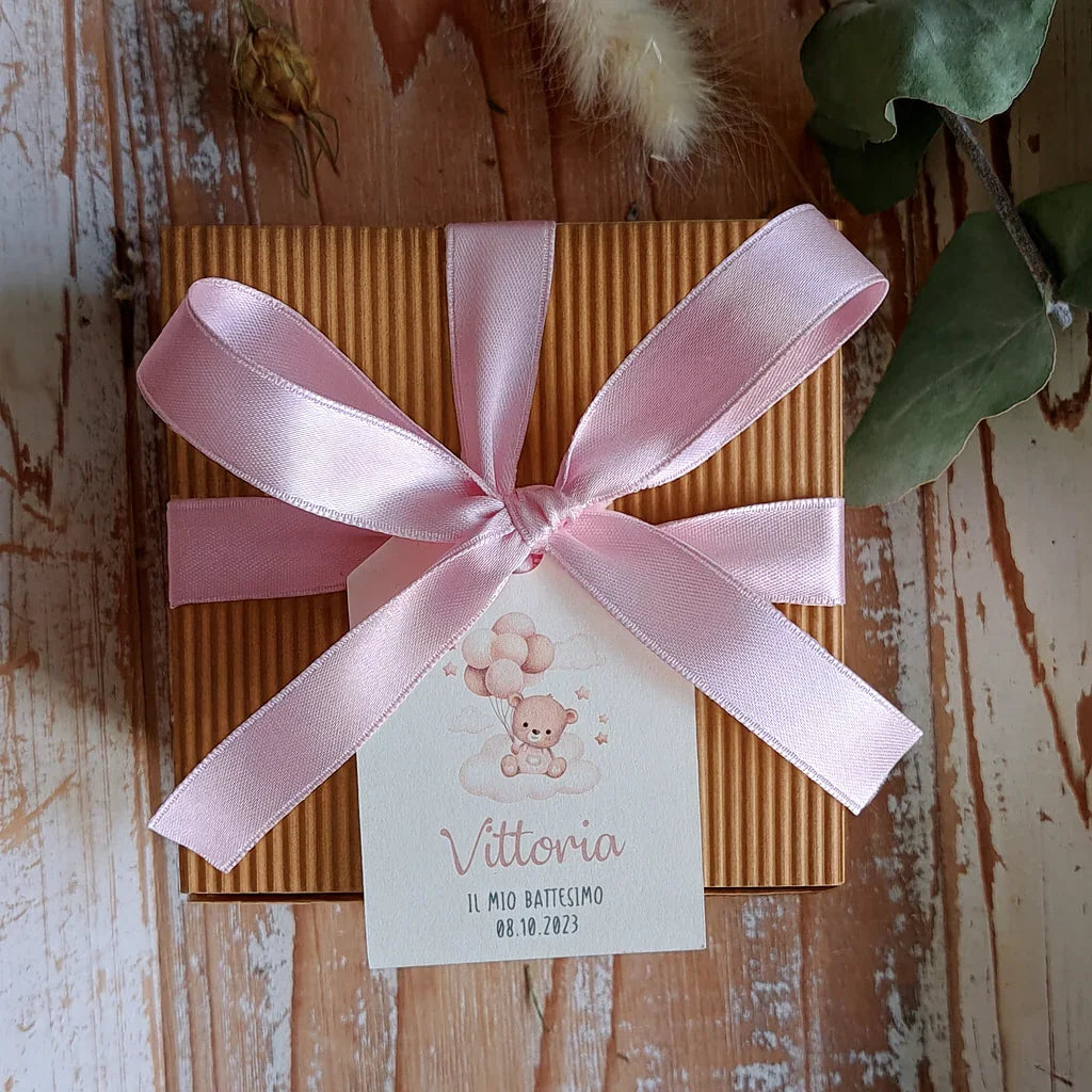 Confezione bomboniera con nastrino rosa e orsetto per battesimo bimba