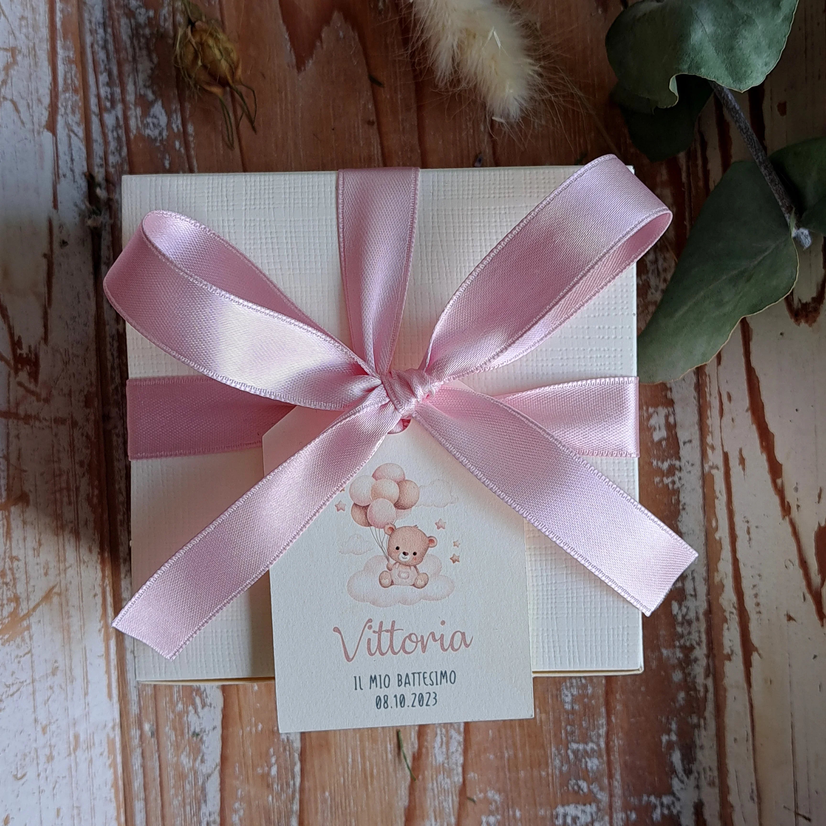 Confezione bomboniera per Battesimo Bimba con nastrino rosa e orsetto